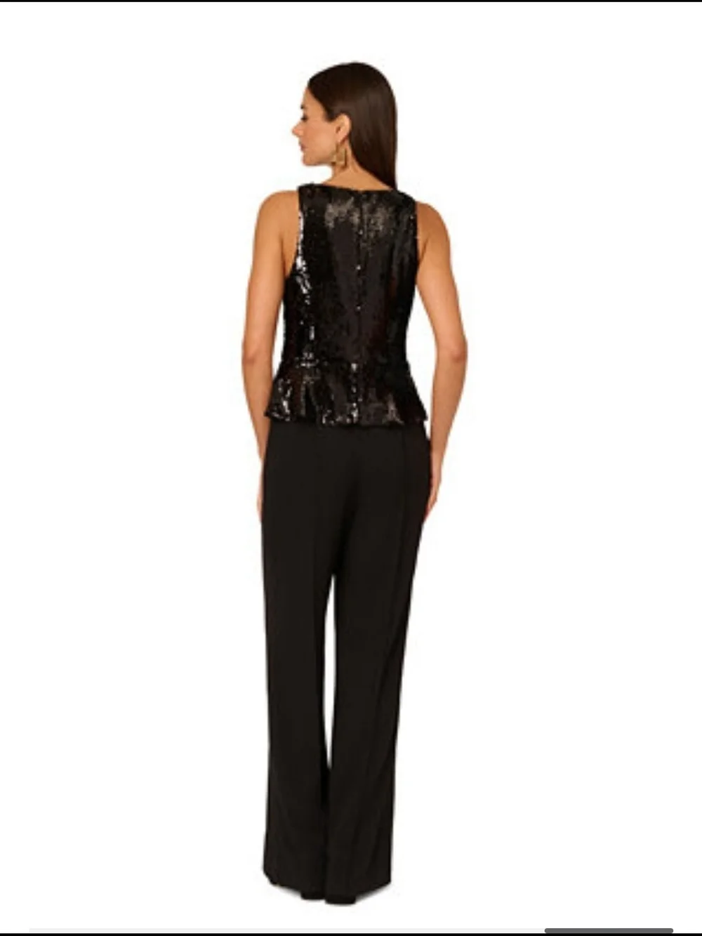 Adrianna Papell Black Sequin Peplum Jumpsuit Gold Buttons CrewNeck CocktailEvent - Picture 3 of 12
